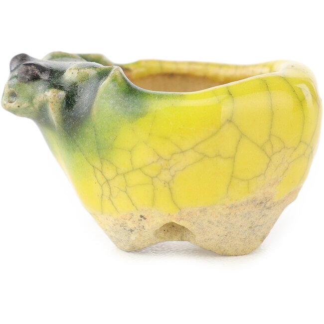 Ronde geel-groene bonsaipot van Masashi Furumoto - 26 x 26 x 17 mm