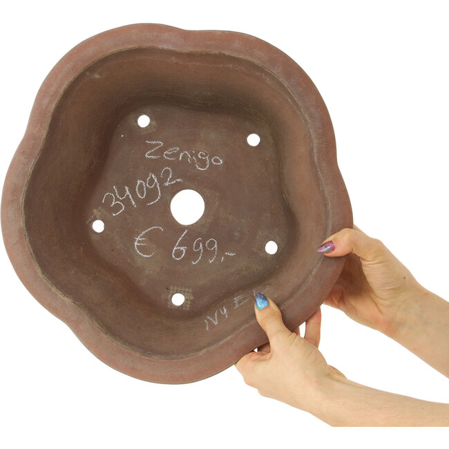 Pot à bonsaï rond en forme de fleur non émaillé par Izumiya (Zenigo) - 330 x 330 x 120 mm