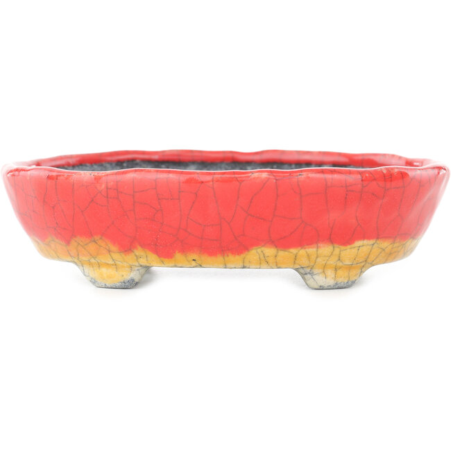 Ovaler rot-orangefarbener Craquelé-Bonsai-Topf von Bunzan - 153 x 125 x 40 mm