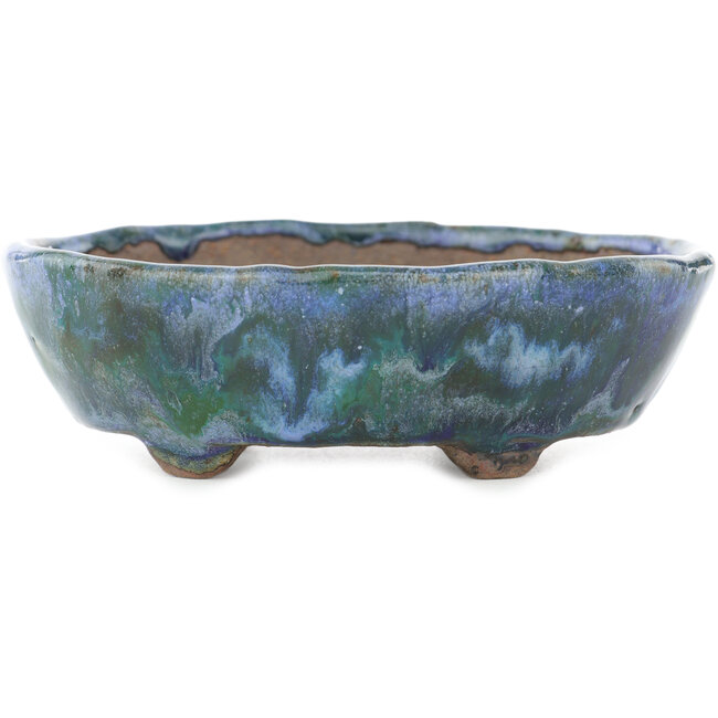 Oval green and blue bonsai pot by Bunzan - 123 x 103 x 38 mm