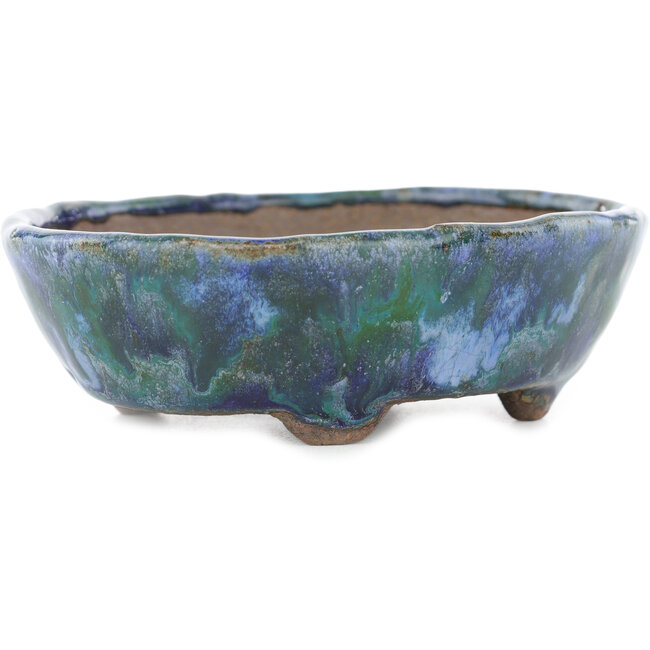 Maceta ovalada para bonsái de color verde y azul de Bunzan - 123 x 103 x 38 mm