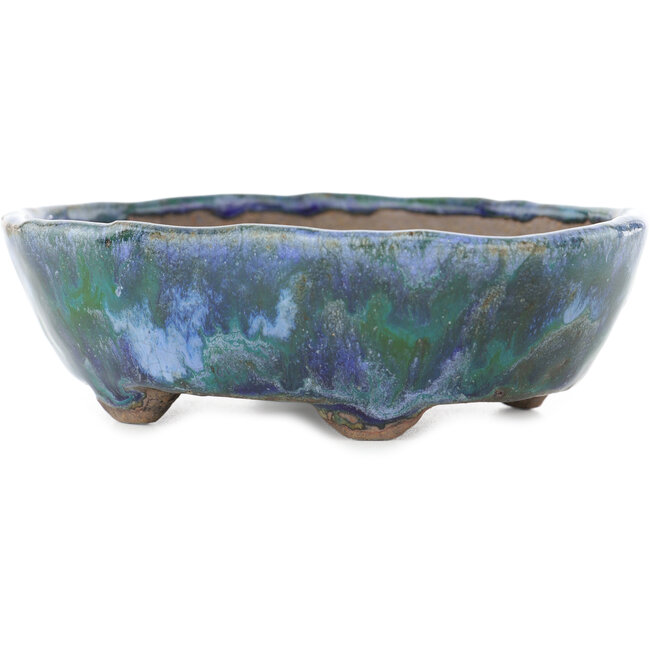 Oval green and blue bonsai pot by Bunzan - 123 x 103 x 38 mm