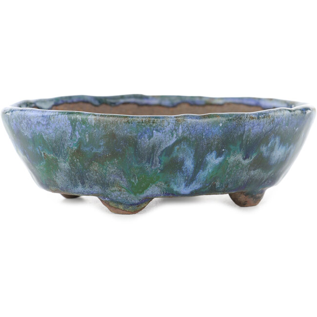 Oval green and blue bonsai pot by Bunzan - 123 x 103 x 38 mm
