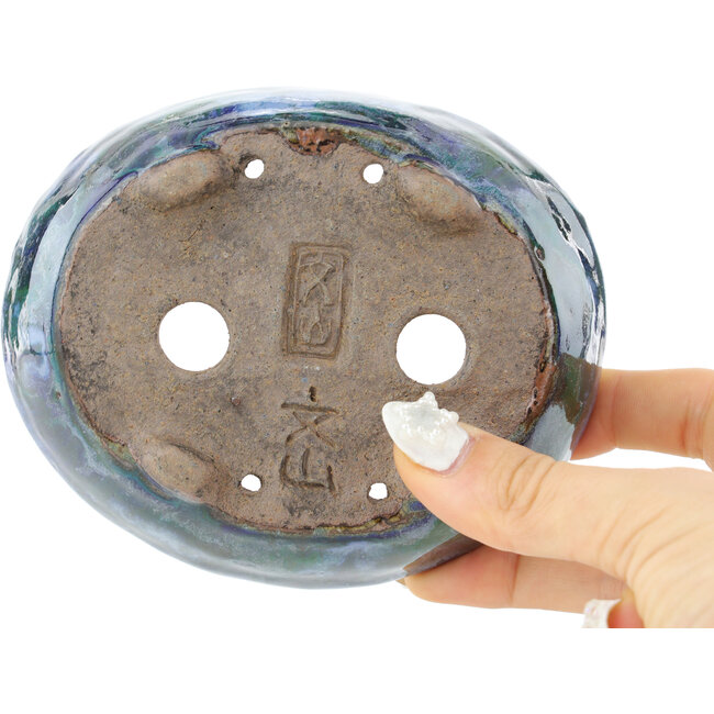Oval green and blue bonsai pot by Bunzan - 123 x 103 x 38 mm