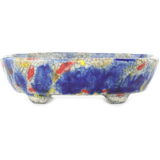  Bunzan 140 mm oval blue multicolor  bonsai pot by Bunzan, Tokoname, Japan