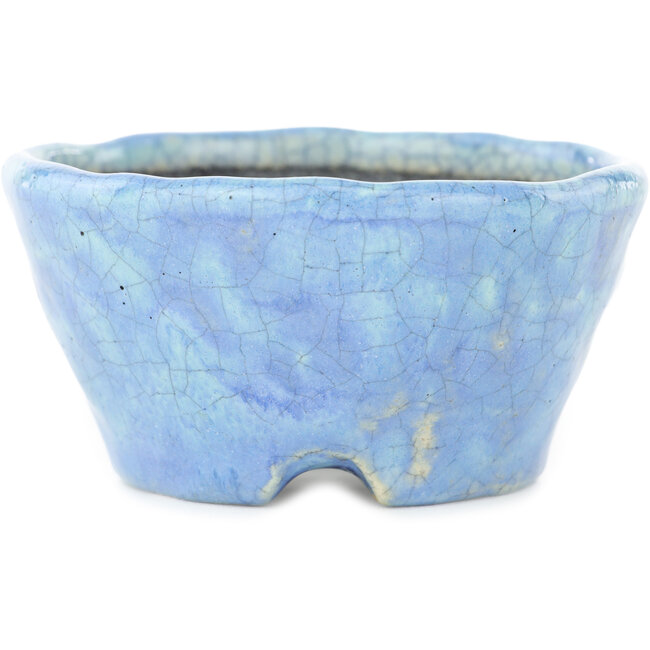 Round blue craquelé bonsai pot by Bunzan - 100 x 100 x 50 mm