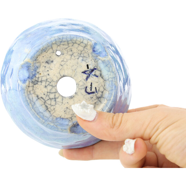 Vaso bonsai rotondo blu craquelé di Bunzan - 100 x 100 x 50 mm