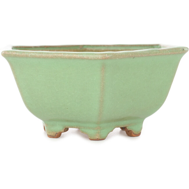 Maceta para bonsái con diseño craquelado verde hexagonal de Hattori - 157 x 157 x 65 mm