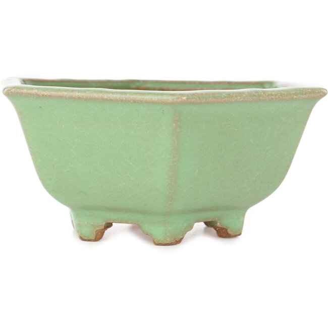 Hexagonal green craquelé bonsai pot by Hattori - 157 x 157 x 65 mm