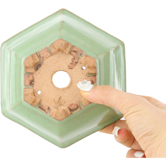 Hexagonal green craquelé bonsai pot by Hattori - 157 x 157 x 65 mm