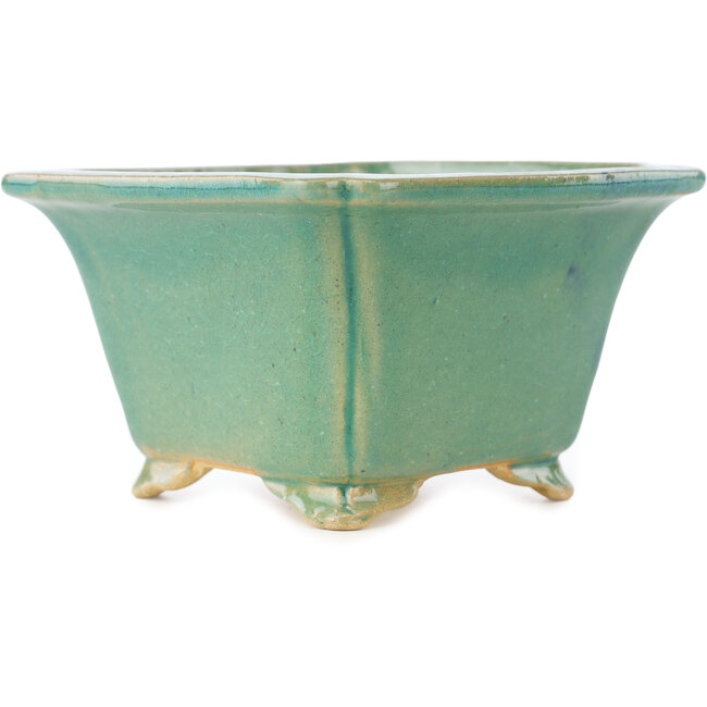 Square green craquelé bonsai pot by Shibakatsu - 135 x 135 x 78 mm
