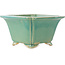 Square green craquelé bonsai pot by Shibakatsu - 135 x 135 x 78 mm