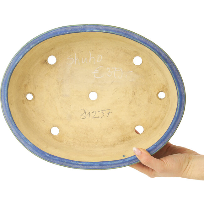 Oval blue bonsai pot by Shuhou - 335 x 265 x 95 mm