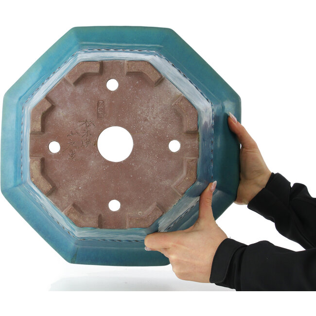 Pot à bonsaï octogonal turquoise de Yamaaki - 400 x 400 x 215 mm
