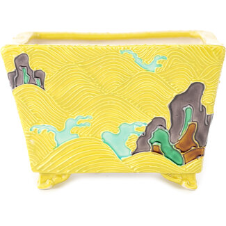 Tou Ai Pot à bonsaï carré multicolore jaune de 123 mm par Tou Ai, Kyoto, Japon