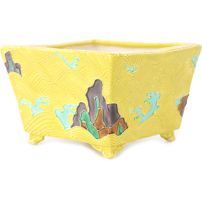 Maceta cuadrada amarilla multicolor para bonsái de Tou Ai - 123 x 123 x 83 mm