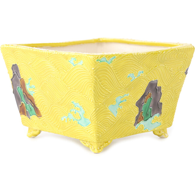 Maceta cuadrada amarilla multicolor para bonsái de Tou Ai - 123 x 123 x 83 mm