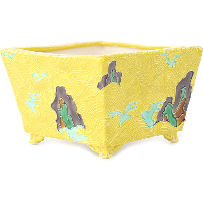 Maceta cuadrada amarilla multicolor para bonsái de Tou Ai - 123 x 123 x 83 mm