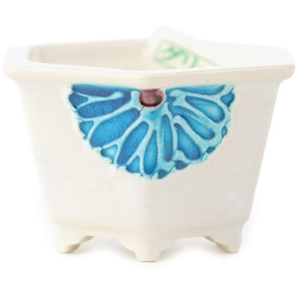 Tou Ai Pot à bonsaï hexagonal blanc et bleu de 45 mm par Tou Ai, Kyoto, Japon