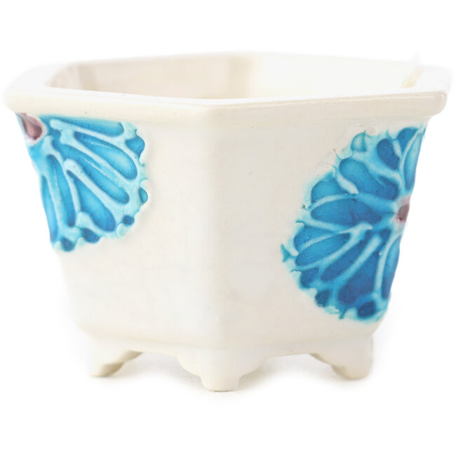 Hexagonal white and blue bonsai pot by Tou Ai - 45 x 45 x 25 mm