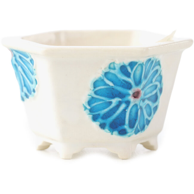 Zeshoekige witte en blauwe bonsaipot van Tou Ai - 45 x 45 x 25 mm