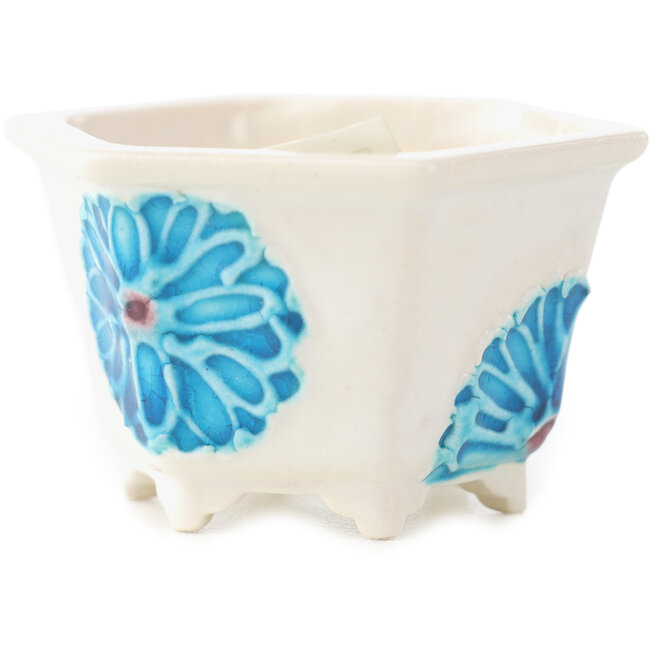 Hexagonal white and blue bonsai pot by Tou Ai - 45 x 45 x 25 mm