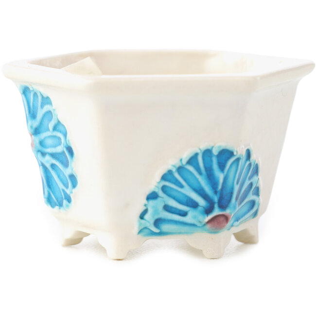 Pot à bonsaï hexagonal blanc et bleu de Tou Ai - 45 x 45 x 25 mm