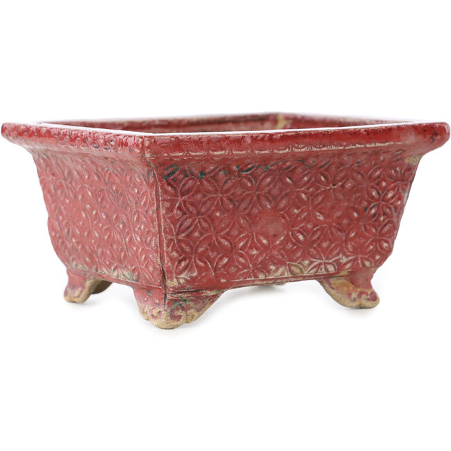 Rectangular red bonsai pot by Koto Chukan - 125 x 107 x 67 mm