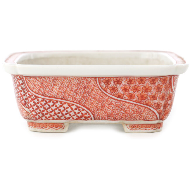Rectangular white and red  bonsai pot by Joshu Katsuyama - 152 x 120 x 40 mm