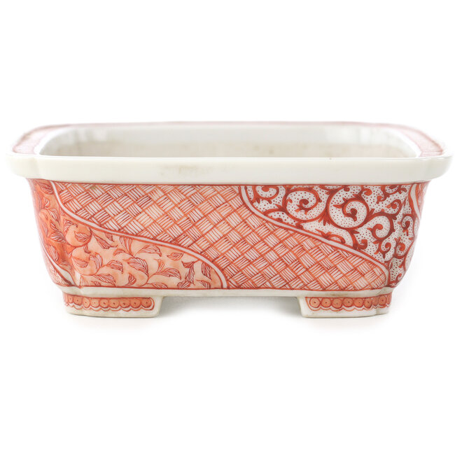 Rectangular white and red  bonsai pot by Joshu Katsuyama - 152 x 120 x 40 mm