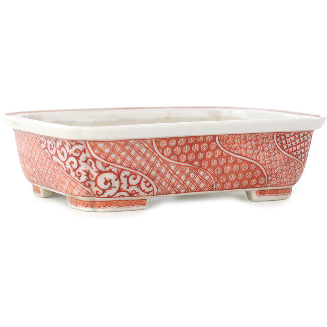 Rectangular white and red  bonsai pot by Joshu Katsuyama - 152 x 120 x 40 mm