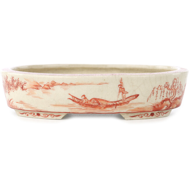 Vaso bonsai ovale bianco e rosso di Joshu Katsuyama - 132 x 105 x 30 mm