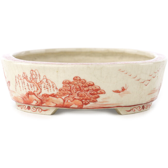 Vaso bonsai ovale bianco e rosso di Joshu Katsuyama - 132 x 105 x 30 mm