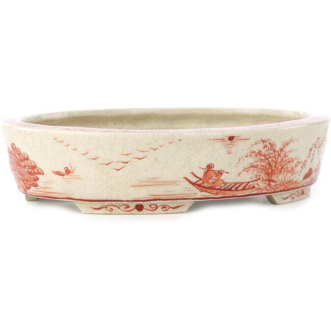 Pot à bonsaï ovale blanc et rouge par Joshu Katsuyama - 132 x 105 x 30 mm