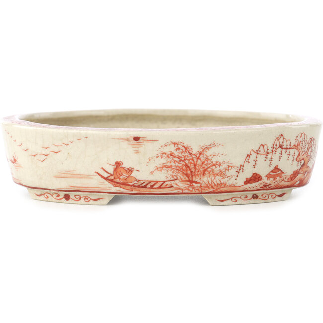 Maceta ovalada para bonsái en blanco y rojo de Joshu Katsuyama - 132 x 105 x 30 mm