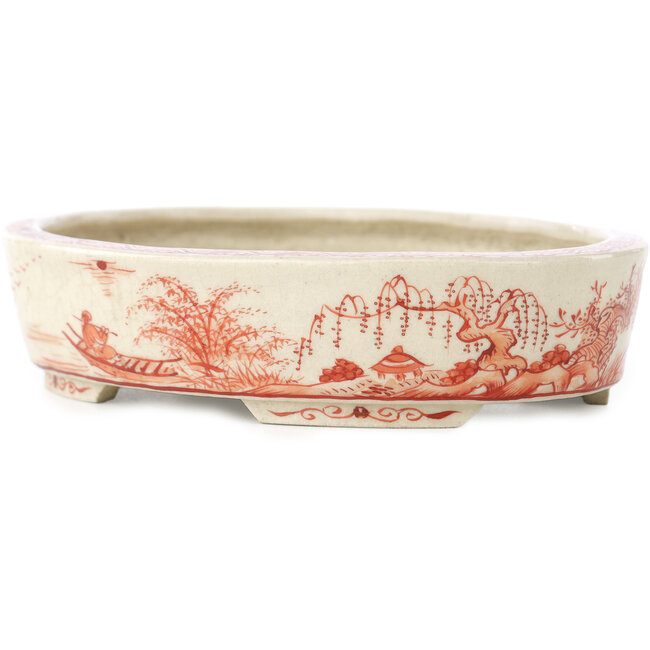 Vaso bonsai ovale bianco e rosso di Joshu Katsuyama - 132 x 105 x 30 mm