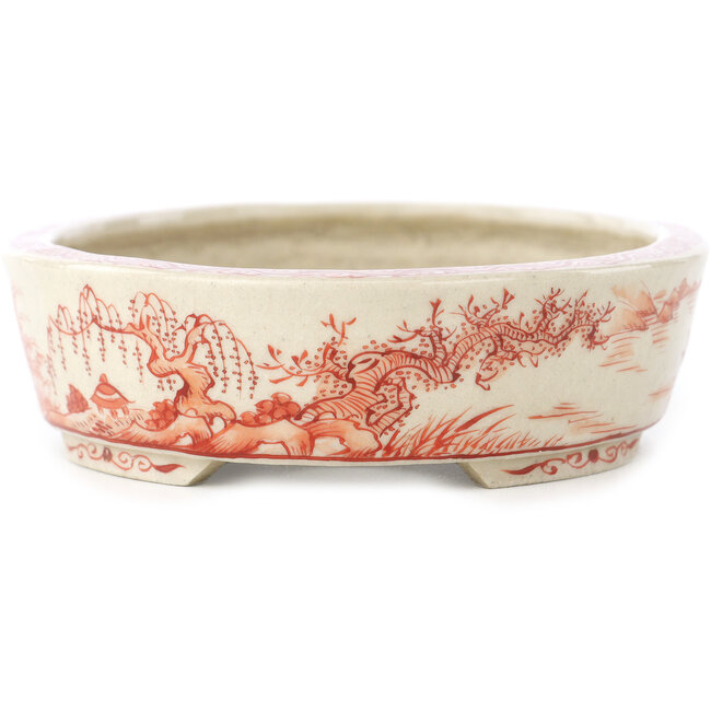 Ovale witte en rode bonsaipot van Joshu Katsuyama - 132 x 105 x 30 mm