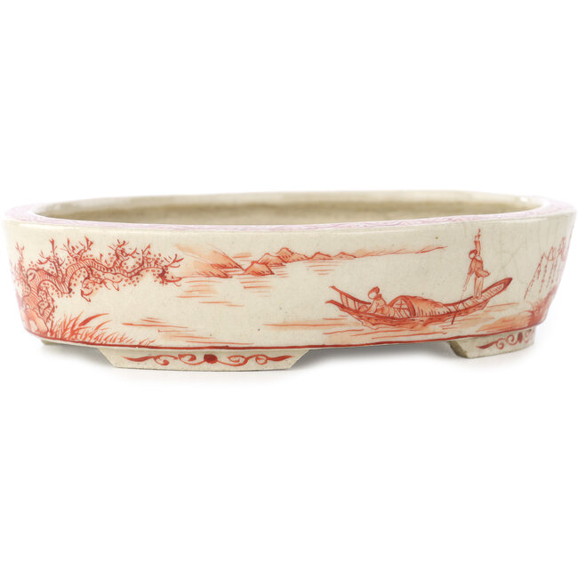 Vaso bonsai ovale bianco e rosso di Joshu Katsuyama - 132 x 105 x 30 mm