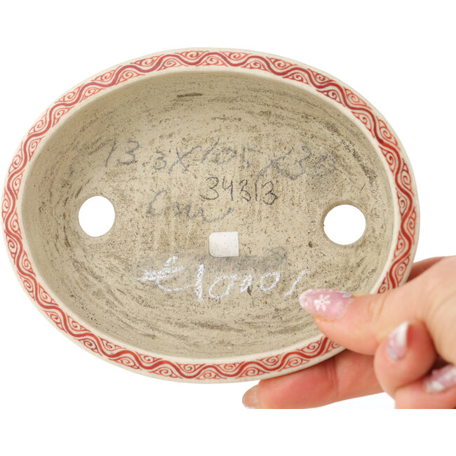 Oval white and red  bonsai pot by Joshu Katsuyama - 132 x 105 x 30 mm