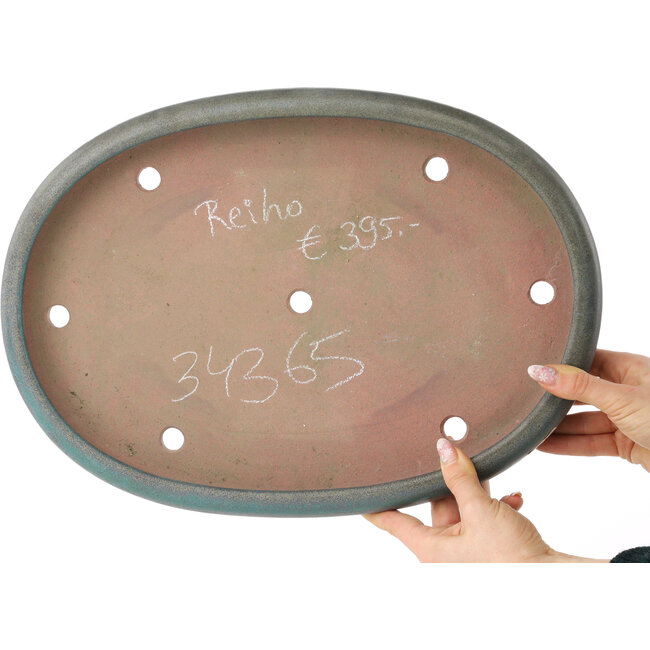 Oval turquoise bonsai pot by Reiho - 415 x 295 x 48 mm