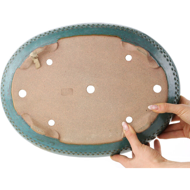 Oval teal bonsai pot by Reiho - 373 x 282 x 77 mm