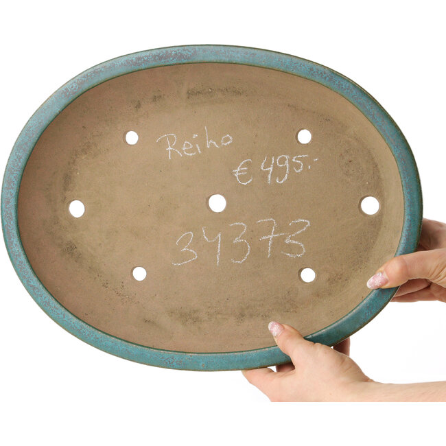 Oval teal bonsai pot by Reiho - 373 x 282 x 77 mm