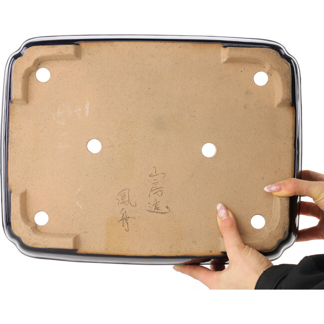 Rectangular dark blue bonsai pot by Yamafusa - 368 x 280 x 93 mm