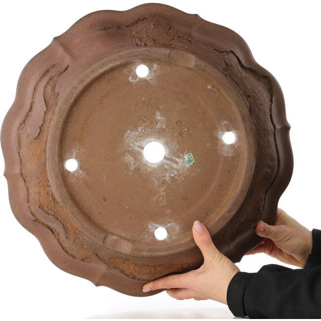 Lotus unglazed bonsai pot by Yamaaki Koshosen (first generation) - 435 x 435 x 105 mm