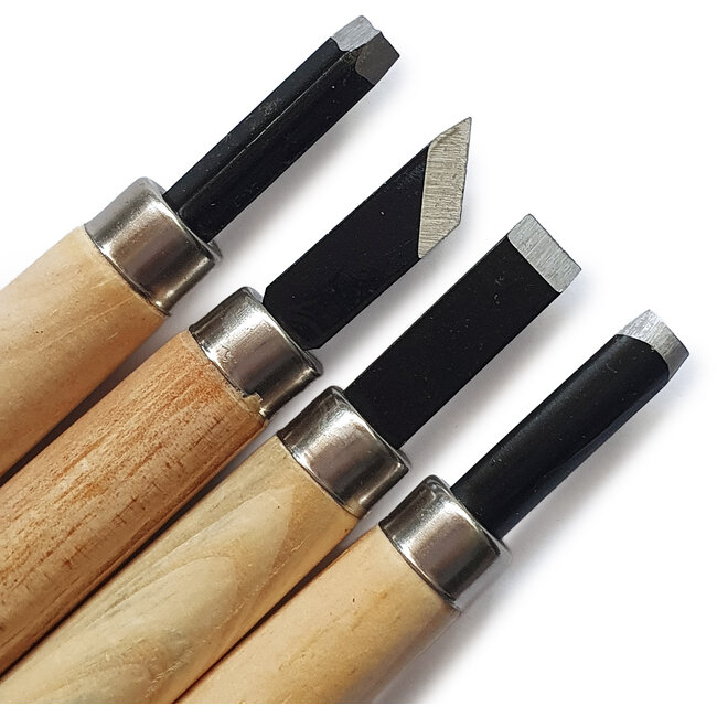 Set completo di sgorbie manuali da 4 pezzi per bonsai, intaglio e lavori di precisione con lame in acciaio resistenti e manici in legno naturale
