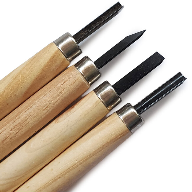 Complete 4-piece hand gouge set for bonsai, carving, and precision work with durable steel blades and natural wooden handles