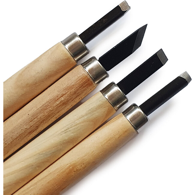 Complete 4-piece hand gouge set for bonsai, carving, and precision work with durable steel blades and natural wooden handles