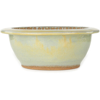 Koyo - Koichirou Aiba  345 mm round beige to yellow bonsai pot by Koyou, Tokoname, Japan