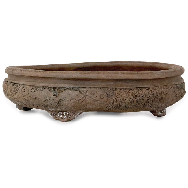 Oval unglazed bonsai pot by Tani Ranzan - 235 x 195 x 60 mm