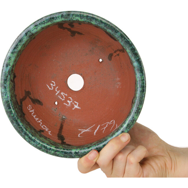 Round green bonsai pot by Shuhou - 180 x 180 x 82 mm